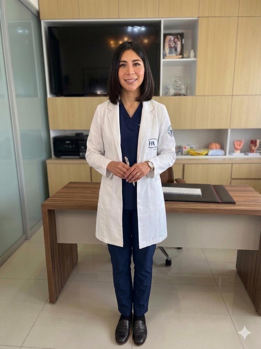 Healthcare professional woman in white lab coat standing in modern medical office with desk and shelving behind her