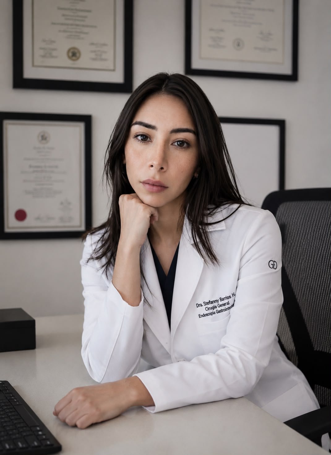 Professional woman in white lab coat sitting at desk with hand to face, framed certificates on wall behind her